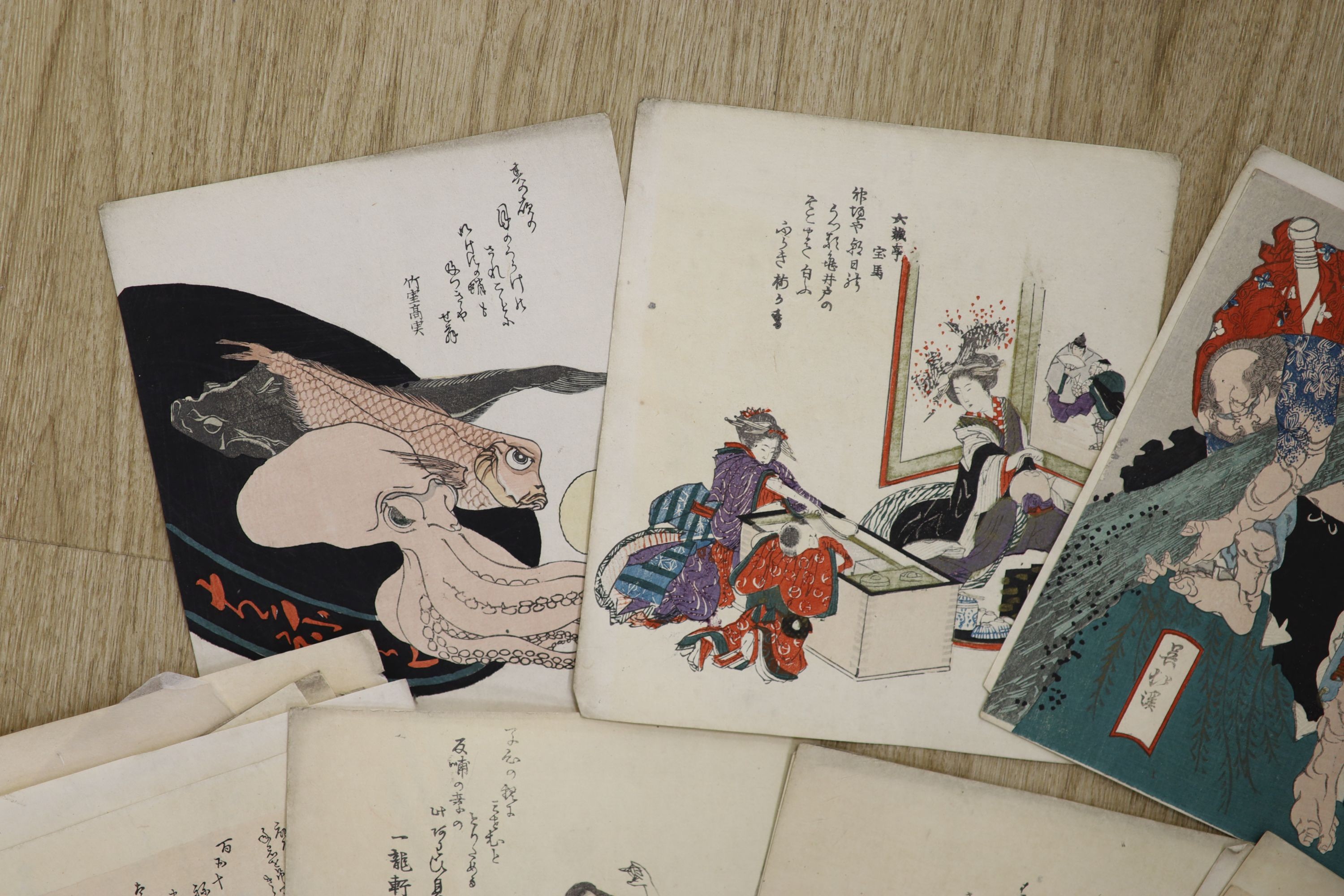 Japanese School, a group of unframed woodblock prints including studies of fish, 22 x 18cm
